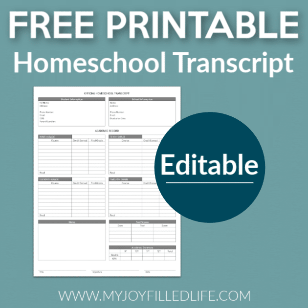 Homeschool Transcript Printable My Joy Filled Life